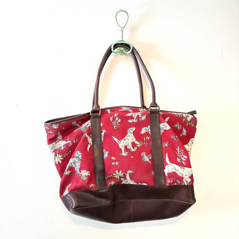 Vintage LL Bean red cotton canvas and leather hunting dog toile print tote bag - Picture 4 of 13